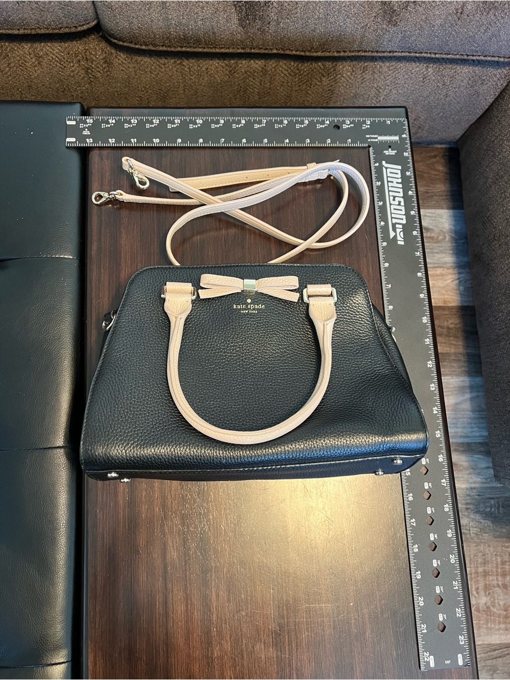 kate spade Black Leather Satchel with Cream Handles and Bow Accent